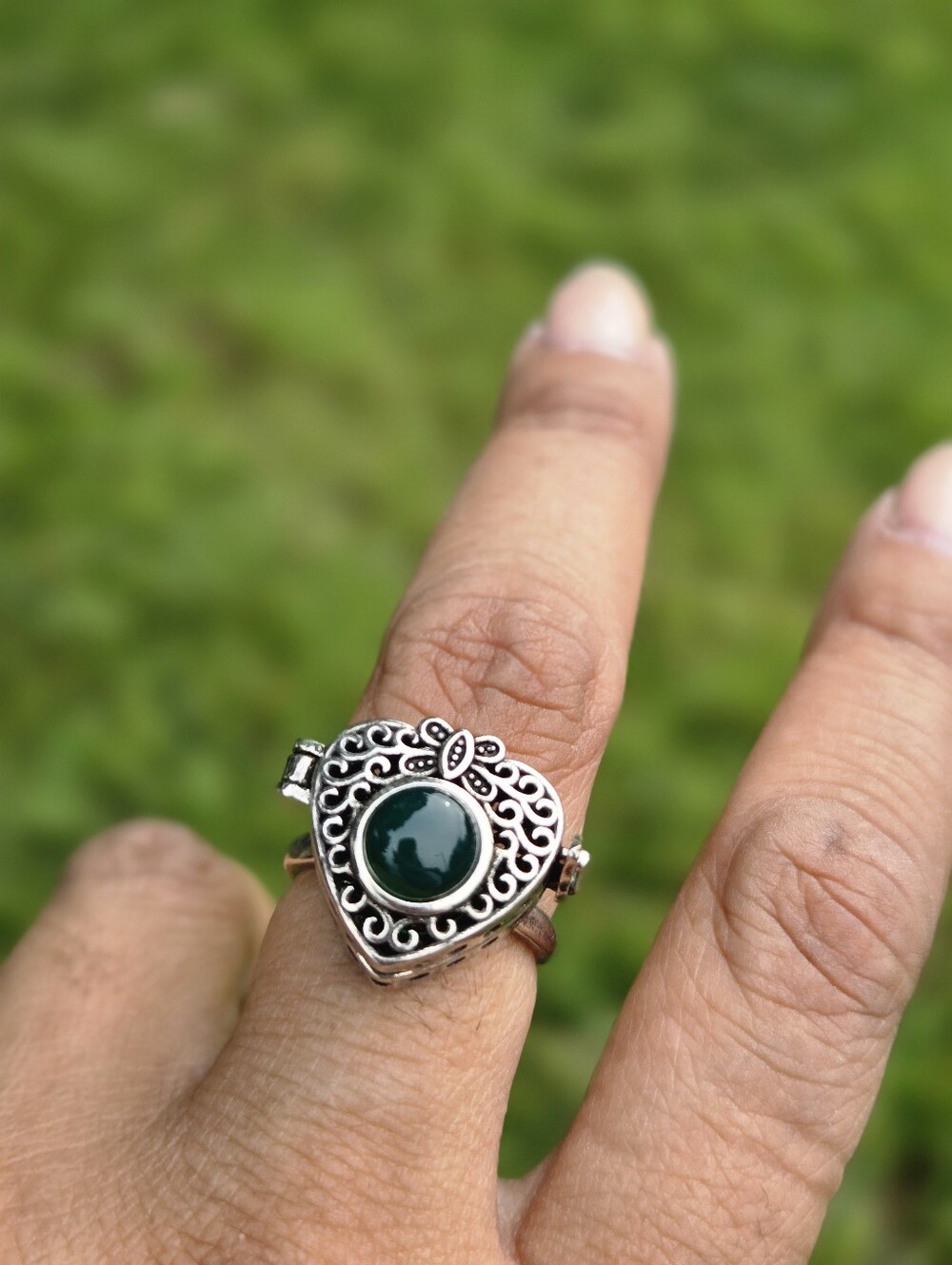 Heavy Silver Forest Moss Agate Functional Poison Box Ring